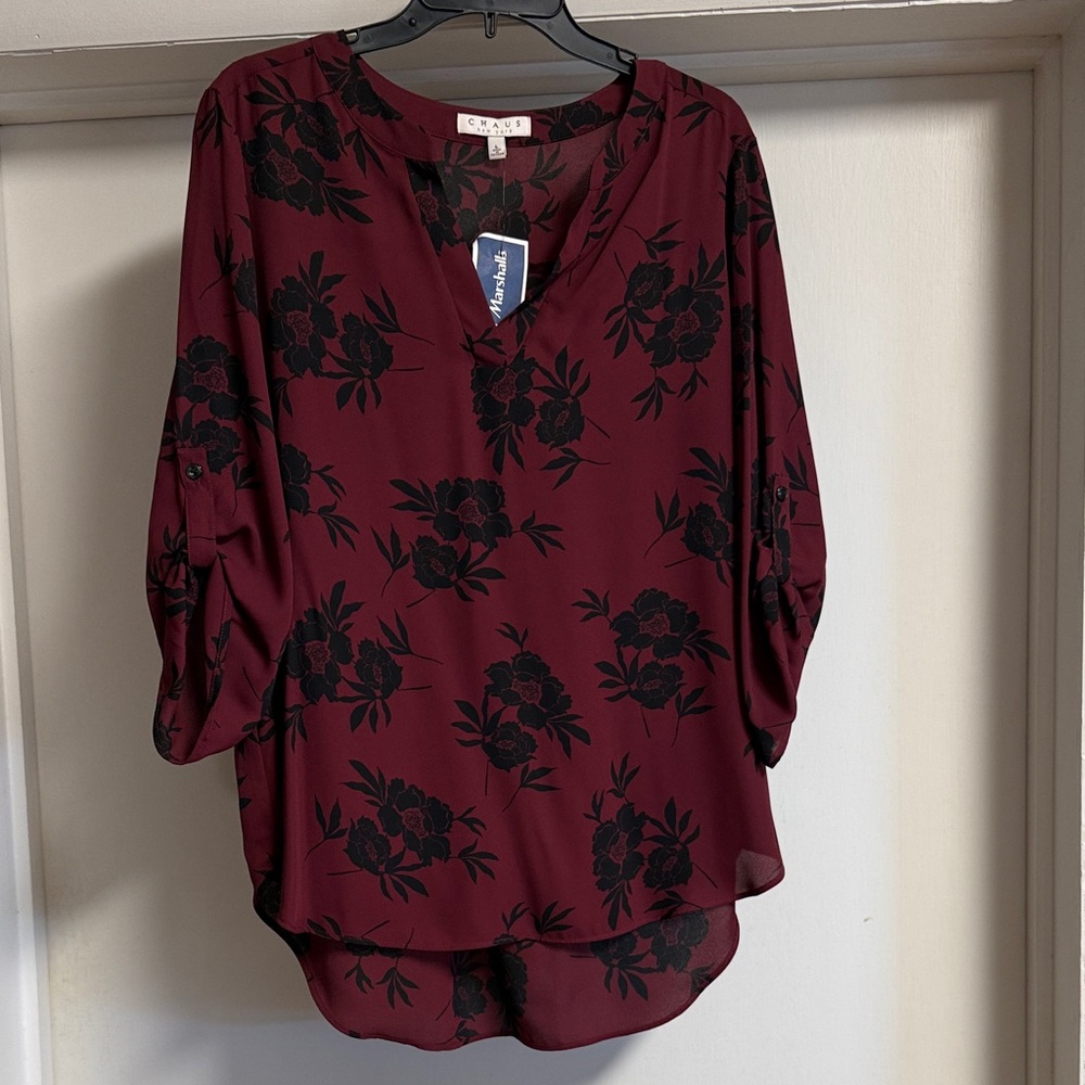 Chaus Burgundy and Black Floral Blouse
